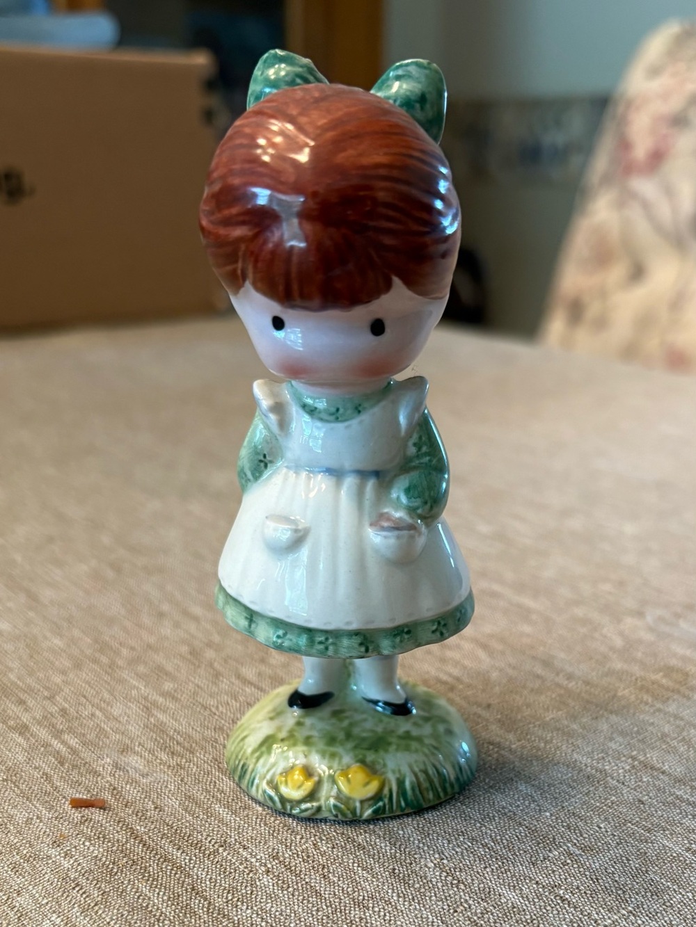 Vintage Green and White Ceramic Girl Figurine - Home Accent